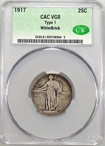 1917-D Type 1 CACG VG8 Standing Liberty Quarter 25c, Witter CAC ERROR, Key Date!