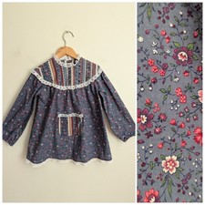 Vtg 80s Toddler Prairie Dress Cottagecore Blue Calico Pocket Lace Handmade 2 T