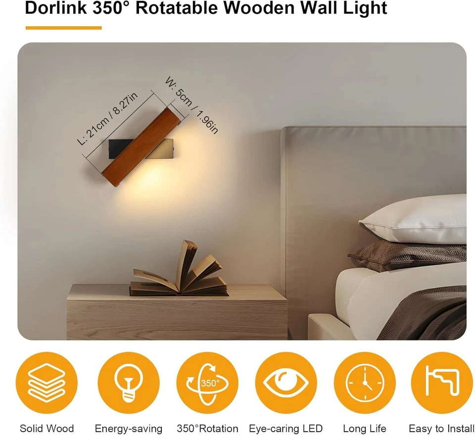 2stk LED Wandleuchte Holz Drehbarer 3000K Innen Wandlampe Wandbeleuchtung Lampe - Bild 2 von 4