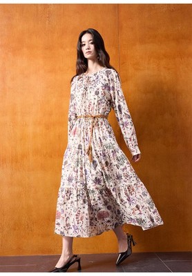 Jumper Dress John Lewis Casual Dresses Autumn New Retro 100% Cotton  Printing Floral Loose Long Dress