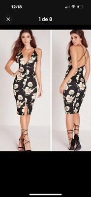 Missguided Black Floral Bodycon Midi Dress V Neck Strappy Open Back Slit 4