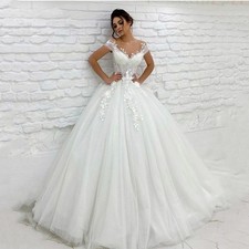 Elegant Princess Wedding Dresses V-Neck Cap Sleeves Lace 3D Flowers Bridal Gowns