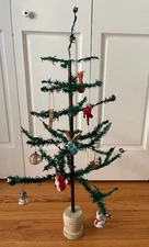 Authentic Antique  33"" Christmas Feather Tree Wood Base 1800s with Ornaments