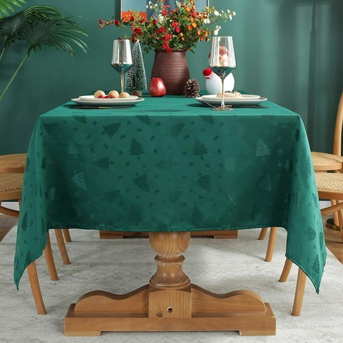 Solid Green Christmas Trees Presents Fabric Tablecloth Xmas Winter Holiday Woven - Picture 5 of 7