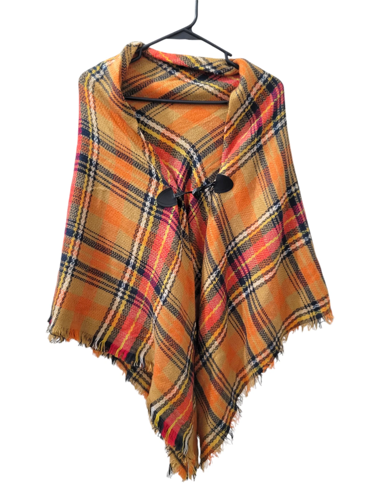 Vintage Plaid Woven Knit Poncho Shawl Fringe Orange Black Gold One Size