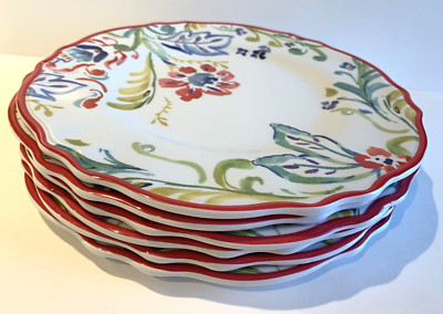 6 Rustico 100% Melamine 11  Dinner Plates Floral White Ground Red Rim Trim
