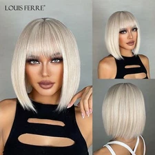 Long Bob Platinum Blonde Wigs with Bangs Synthetic Daily Party Soft Straight