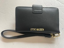 New Steve Madden Wristlet walled Faux Leather Black Gold