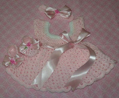 SALE Handmade Crochet BABY DRESS HEADBAND-BOOTIES PINK by ROCKY MOUNTAIN MARTY