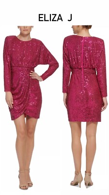 eliza j pink sequin dress Eliza J Women's Sequined Long-Sleeve Cocktail Dress - Hot Pink