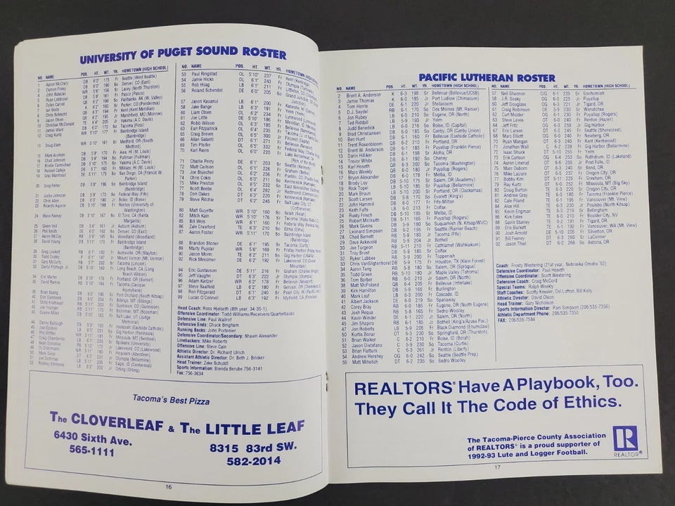 1992 Tacoma Puget Sound Univ Loggers Pacific Lutheran Lutes Vtg Football Program - Image 4 of 4