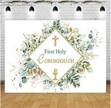 First Communion Green Leaves Decorative Backdrop Curtain Green Plant God Bles...