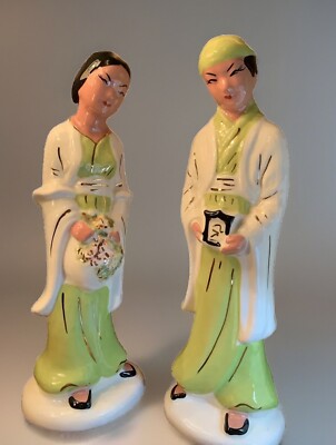 Chinese Boy & Girl Statues Asian Chinoiserie Vintage Figural Decor 13  Vintage