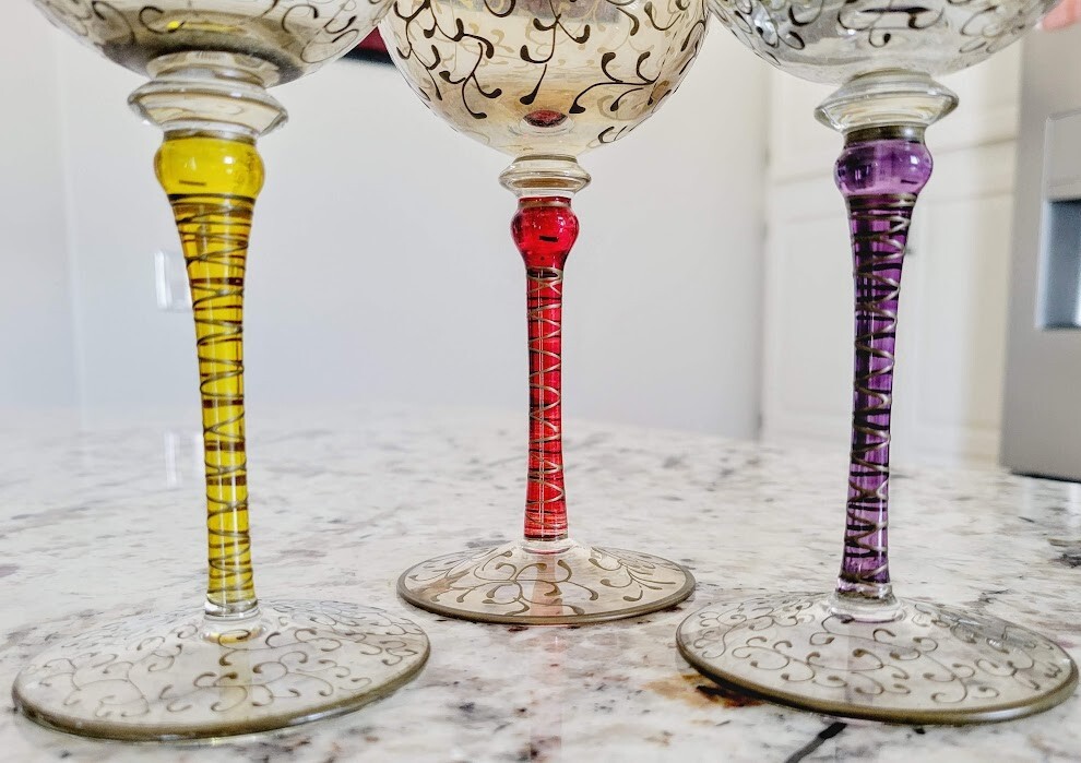 Pier 1 One Rioja Wine Glasses Multicolored Stems Gold Scroll Filigree