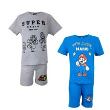 Nintendo Super Mario Kinder Pyjama Schlafanzug Shorts Shirt 104-152 Blau Grau