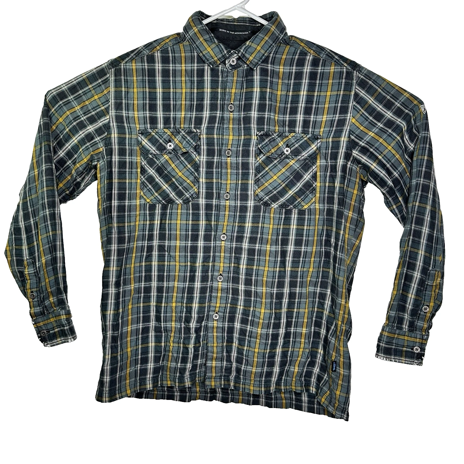 Mens Kuhl Fugitive Long Sleeve Button Up Shirt Plaid Hiking Blue Green Size Med