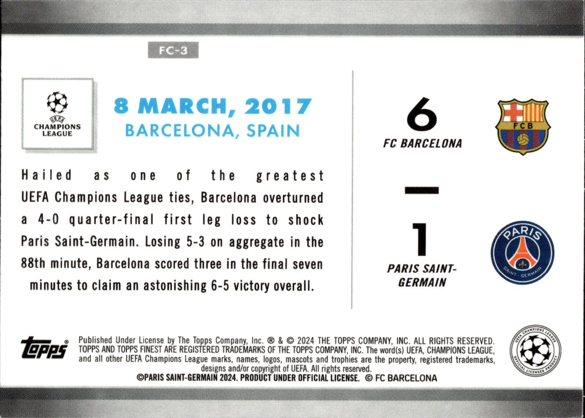 Barcelona VS PSG Comebacks TOPPS Finest UCC 2023/24 UK