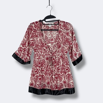 So Wear It Declare It Top Womens M Red Cream Swirl Kimono Tie Waist Y2K Boho