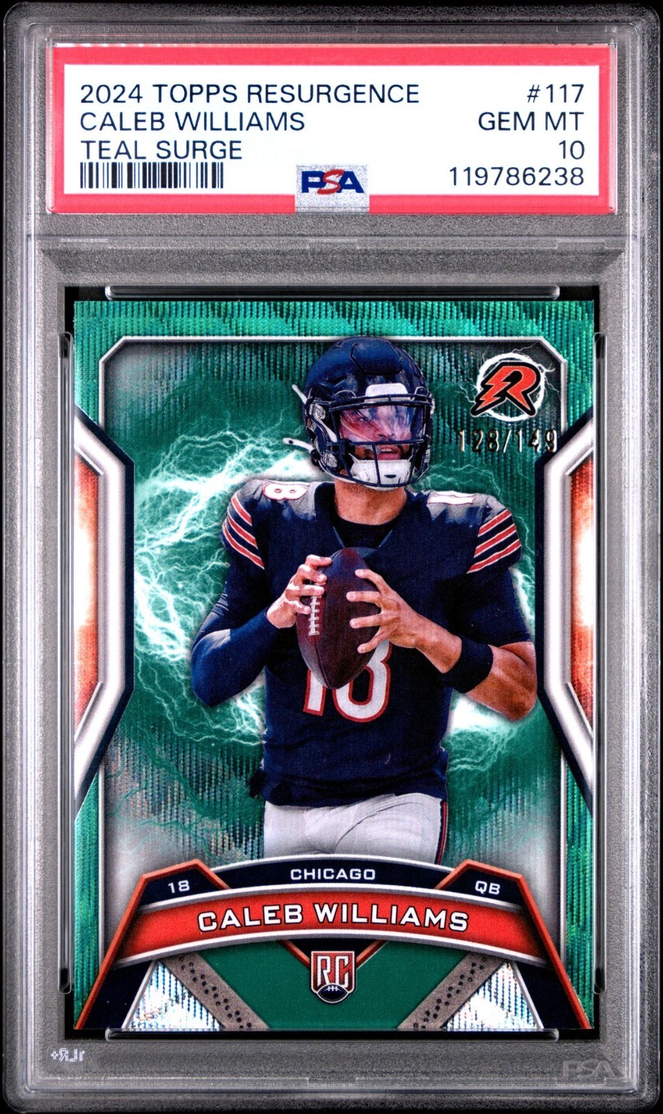 2024 TOPPS RESURGENCE #117 CALEB WILLIAMS TEAL SURGE #/149 RC PSA 10 BEARS