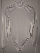 White Mock Neck Long Sleeve One Piece Bodysuit Solid Opaque Top