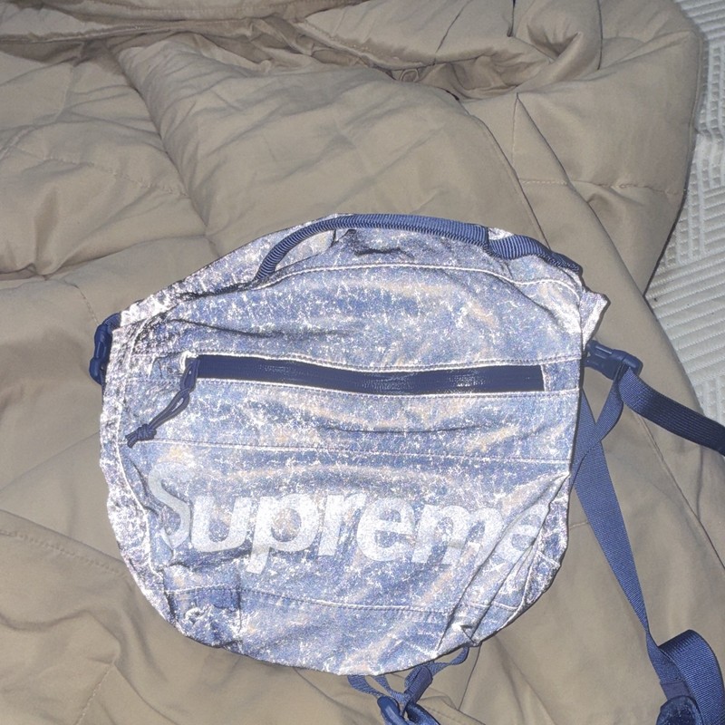 Supreme Blue reflective bag Zip Closure Adjustable Strap 2 Pockets Logo