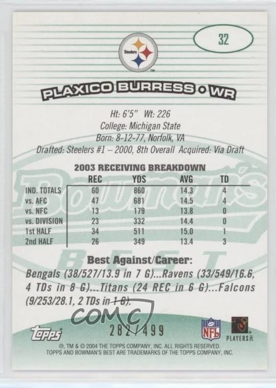 2004 Bowman's Best Green /499 Plaxico Burress #32 - Image 2 of 2