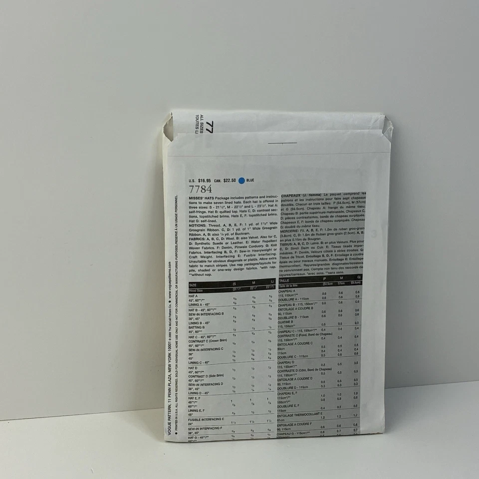 Hats One Size Lined Fringe Brims Turban UNCUT Pattern 7784 Vintage Vogue  - Image 2 of 2