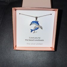 Fine Silver Plated Intertwined Dolphin /Baby Dolphin Rhinestone Pendant/Necklace