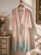 Vintage Sheer Robe Duster Floral Embroidered Ombre Pink Blue Romantic