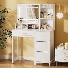 Fluted Vanity Desk with Mirror and Lights in 3 Modes and Charging Station