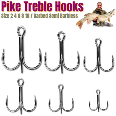 Hecht Drillinge Angeln Größe 2 4 6 8 - EXTRA STARK - Semi Barbed Barbless UK