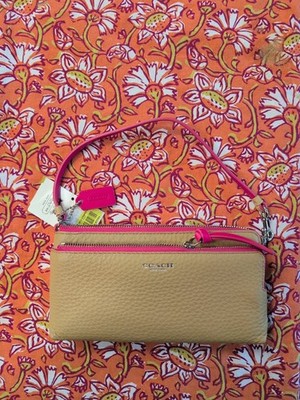 COACH Bleecker Double L-Zip Wallet in Edgepaint Leather Camel With Pink Trim NWT