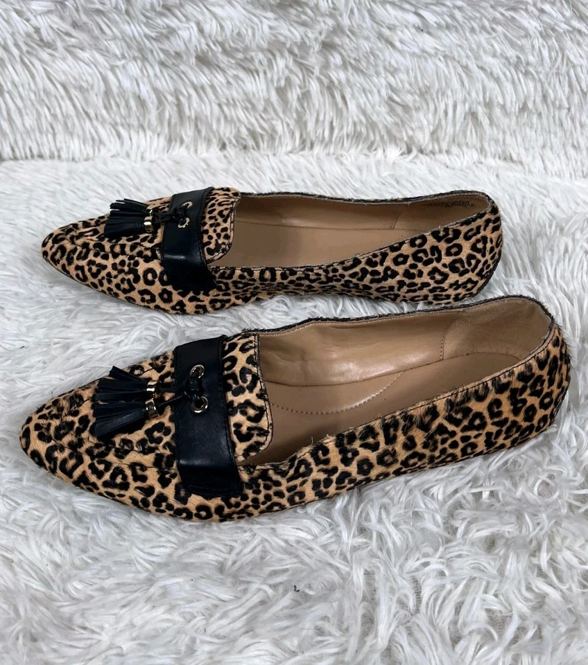 Mocasines Talbots Driver Talla 8M Tostado Estampado Leopardo Pelo de becerro Cuero Borla Negra Foto 2 de 4