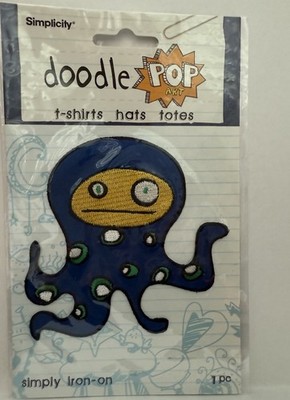 Simplicity Doodle Pop Silly Octopus Blue And Green Iron On Patch 3 1/2  X 3 1/2 