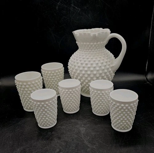 Fenton Hobnail Milk Glass Ruffled Pitcher & 6 Tumblers