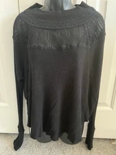 Free People Spring Valley Waffle Knit Lace Top XS Boho Long Sleeve Black