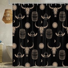Retro Abstract Bathroom Curtains Set, Black Boho Aztec West Bone Restroom Bat...