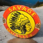 Vintage 6” Savage Arms Quality Guns  Ammo Porcelain Domed Indian Chief Sign