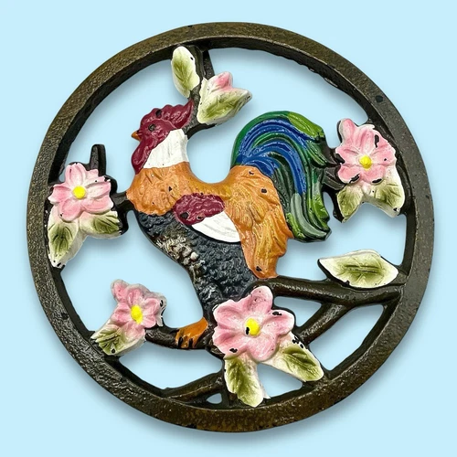Vtg OOAK FLORAL ROOSTER Iron Trivet 7” Colorful Hand Painted Shabby Cottage Farm - product listing photo