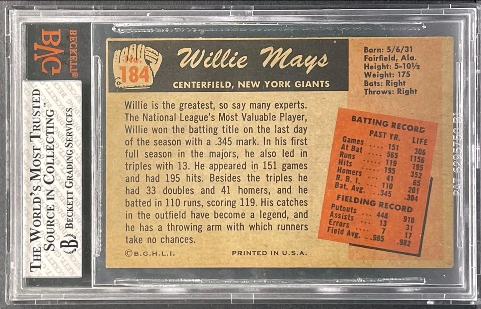 1955 Bowman Baseball #184 Willie Mays Vintage HOF Card Graded BGS BVG 6.5 EX-MT+ - Image 2 of 2