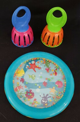 Set of Halilit Toys, 2 Plastic Cage Bell Rattles, + Ocean Drum w/Beads ...