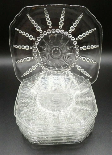 Vintage Federal STARBURST Hobnail Clear Glass Square Small Plates 6"  Lot of 4