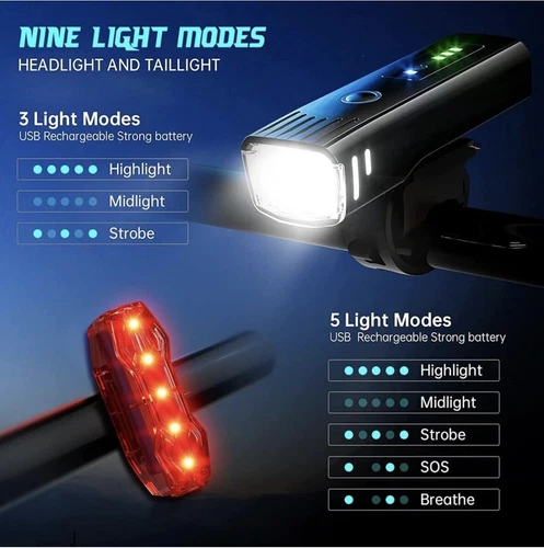 3000 Lumen Bike Light Set USB Rechargeable Bicycle Headlight & Taillight, 5 Mode - Picture 5 of 10