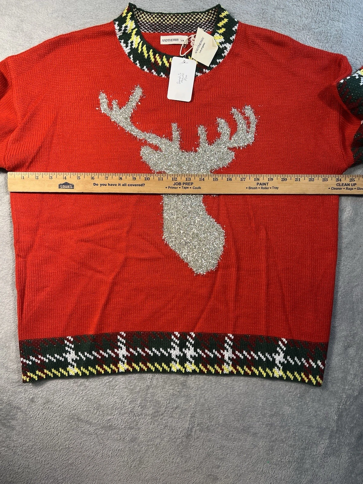 AndTheWhy Womens S/M Christmas Reindeer Ugly Sweater Pullover Plaid Pattern Red