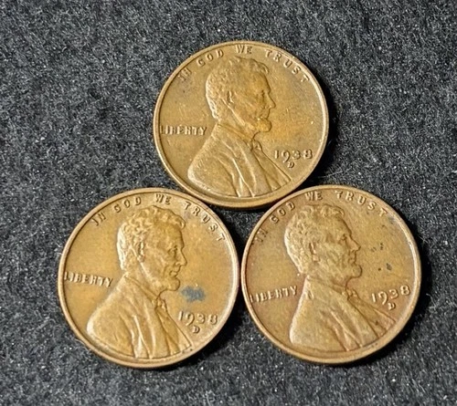 1938 D (3 Coins) Lincoln Wheat Pennies- Free Shipping