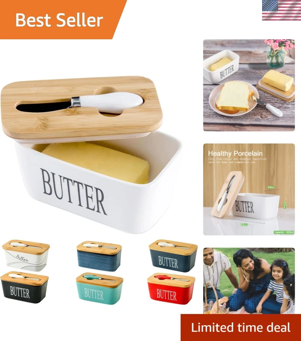 Porcelain Butter Dish with Bamboo Lid and Knife Airtight Storage Cover