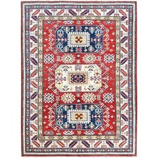 4'1"x5'6" Red Kazak with Geometric Medallions Design Wool Hand Knotted Rug R421