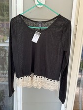 Maglione donna Rue 21 Hacci elegante nero crop con accento all'uncinetto taglia M nuovo