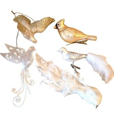 5 Bird Christmas Ornaments White Gold Dove Cardinal Feathers Clip On Hanging