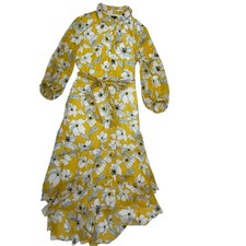Banana Republic Petite Floral Tiered Maxi Shirt Dress Size 8P Yellow Ruffled